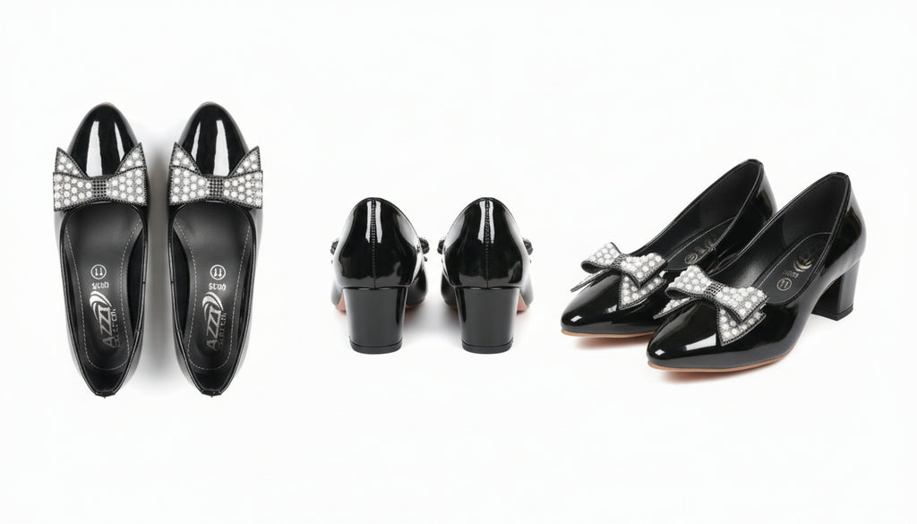 Fancy Low Heel Pump Shoes for Girls – Ribbon Design Black & Beige