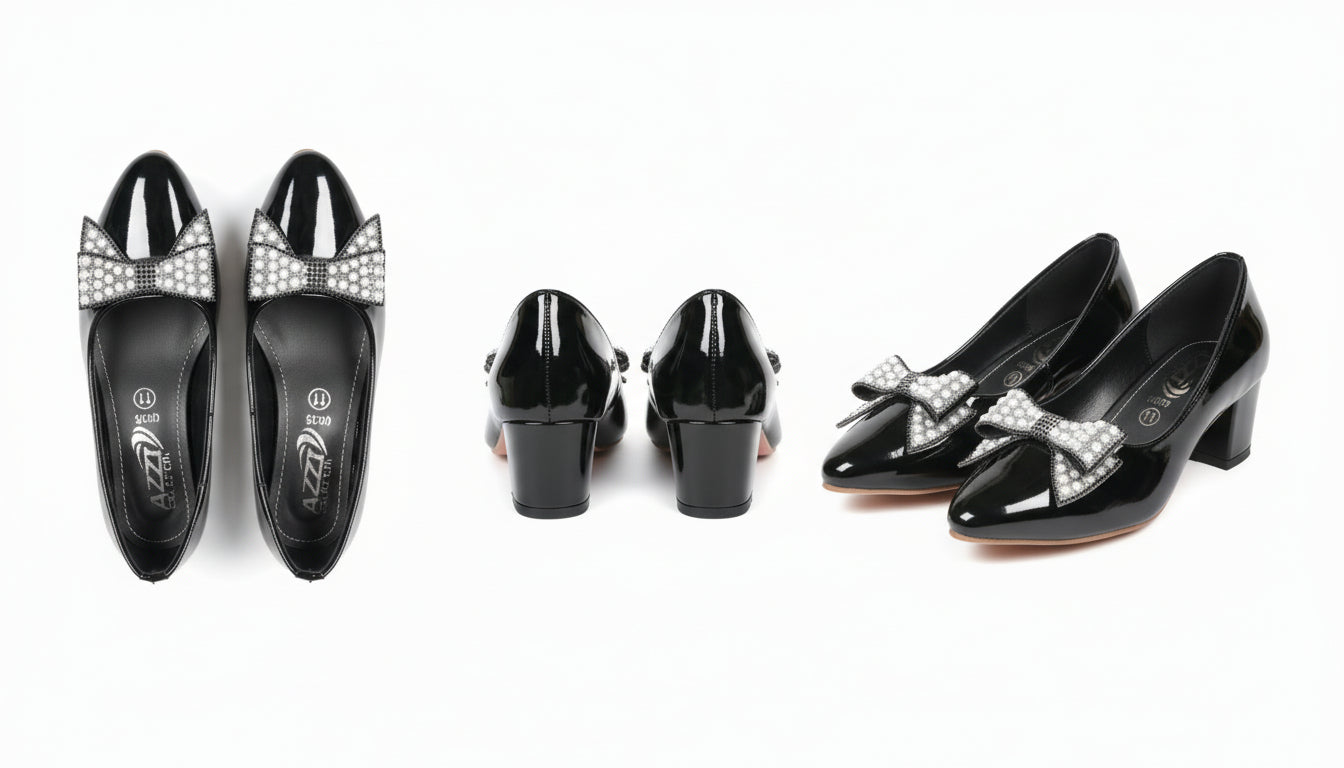 Fancy Low Heel Pump Shoes for Girls – Ribbon Design Black & Beige