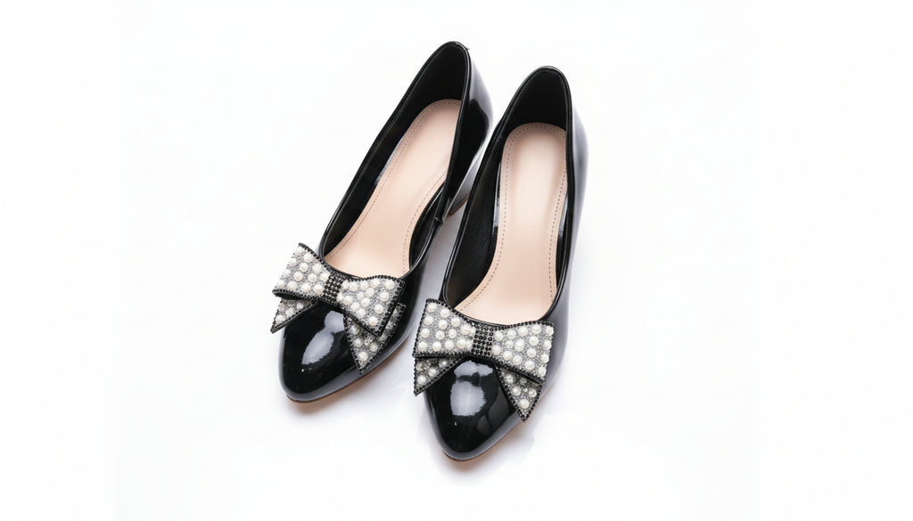 Fancy Low Heel Pump Shoes for Girls – Ribbon Design Black & Beige