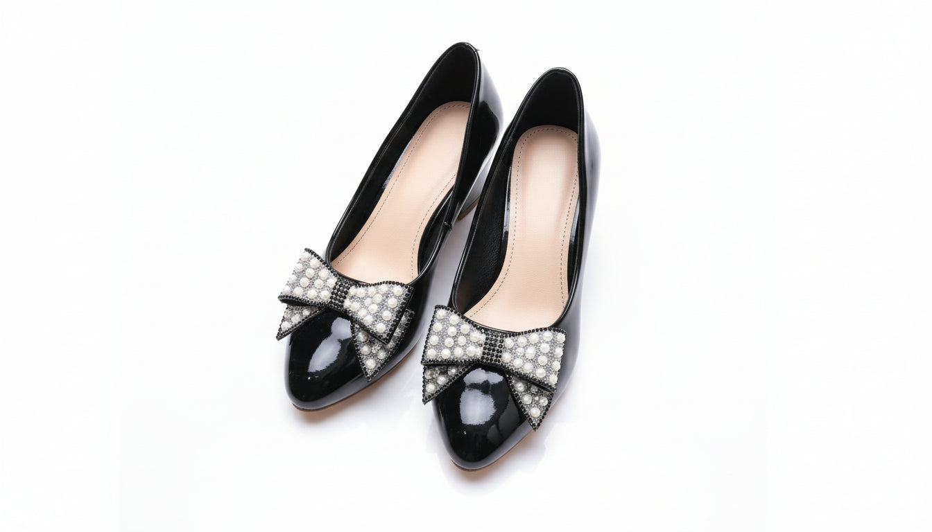 Fancy Low Heel Pump Shoes for Girls – Ribbon Design Black & Beige
