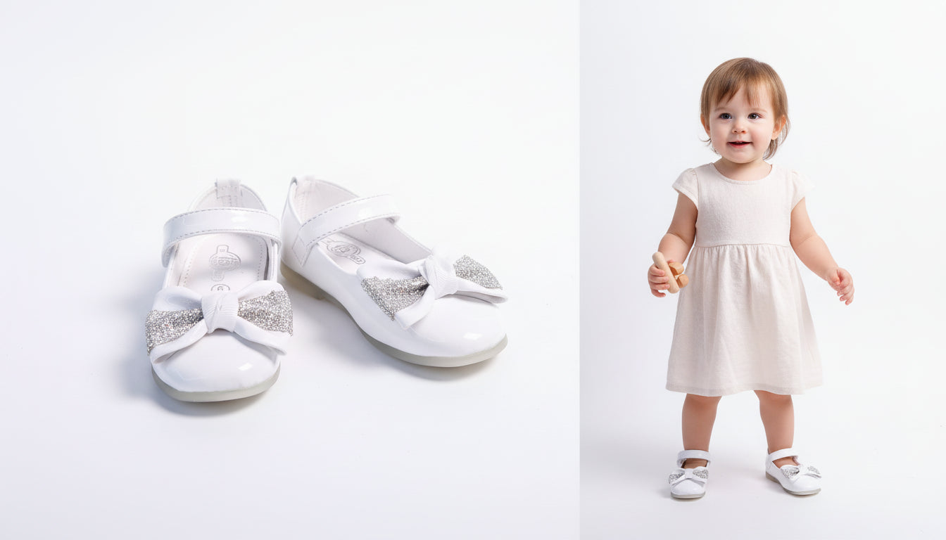 Sparkle Bow Baby Girl Pumps – Mary Jane Flats White/Skin