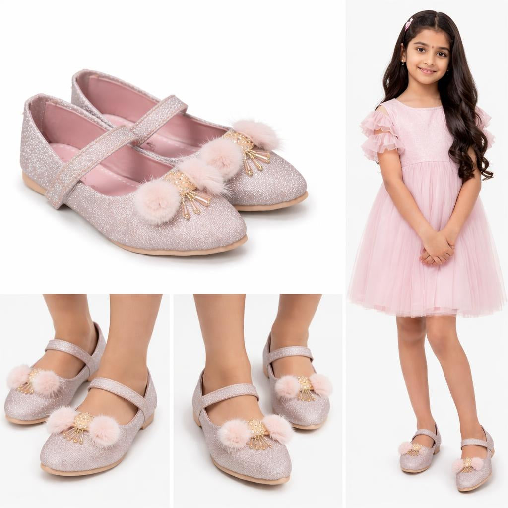 Choti Si Walk Little Princess Fur Bow Pumps – Elegant Glitter Flats for Kids