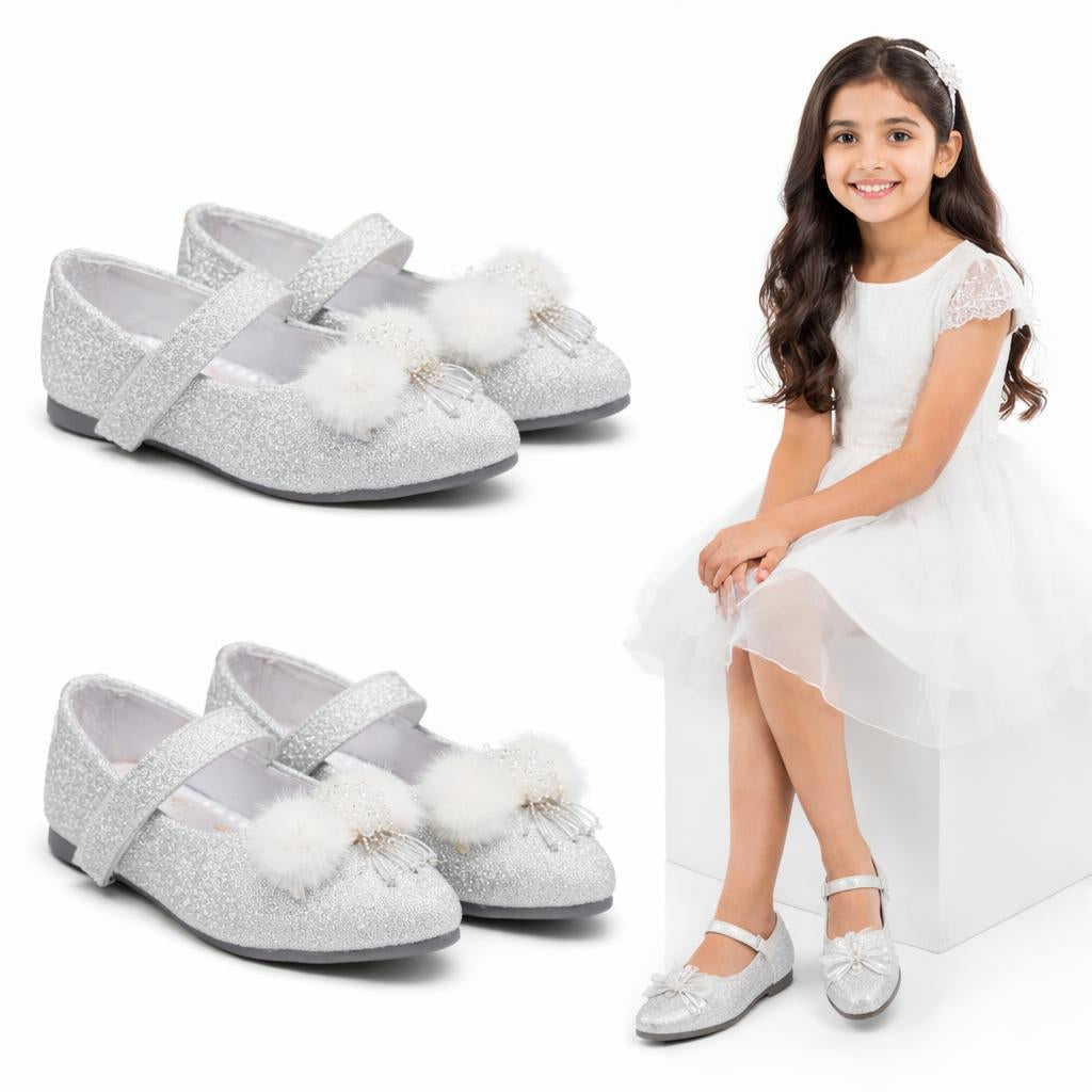 Choti Si Walk Little Princess Fur Bow Pumps – Elegant Glitter Flats for Kids