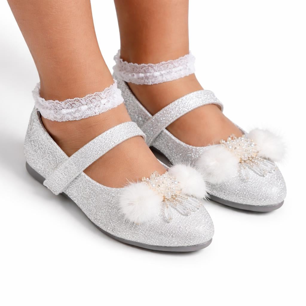 Choti Si Walk Little Princess Fur Bow Pumps – Elegant Glitter Flats for Kids
