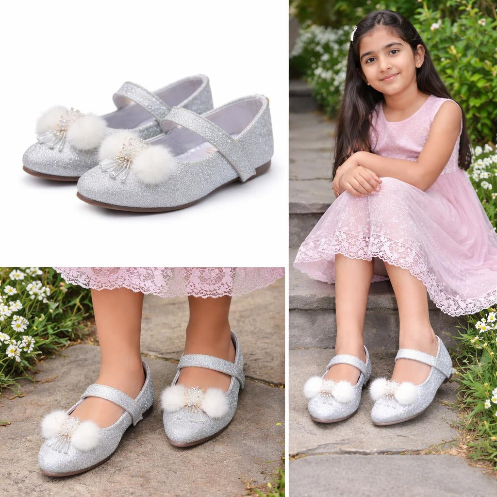 Choti Si Walk Little Princess Fur Bow Pumps – Elegant Glitter Flats for Kids