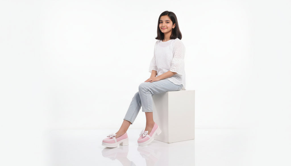 Choti Si Walk Girls Silk Winter Pump Shoes Bow Detail Low Heel Platform Shoes