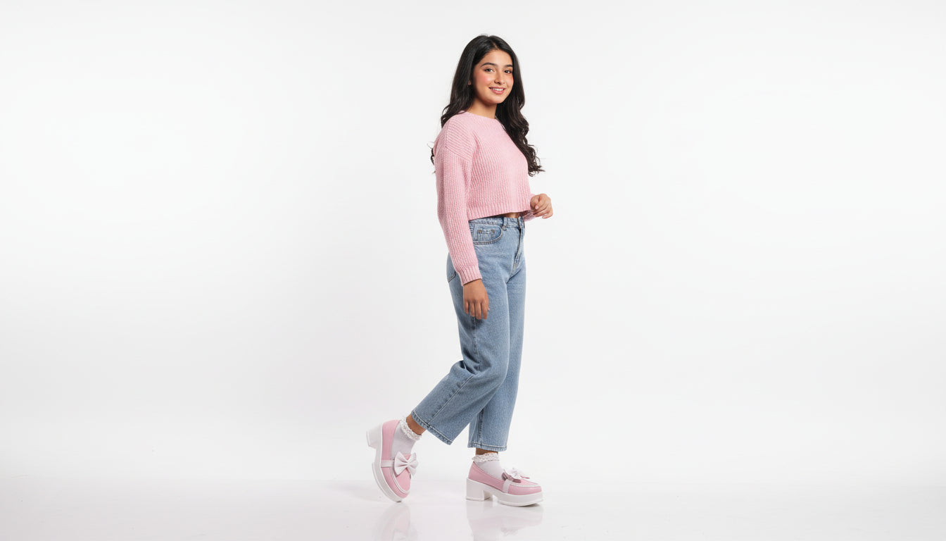 Choti Si Walk Girls Silk Winter Pump Shoes Bow Detail Low Heel Platform Shoes