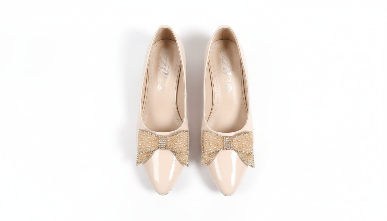 Fancy Low Heel Pump Shoes for Girls – Ribbon Design Black & Beige