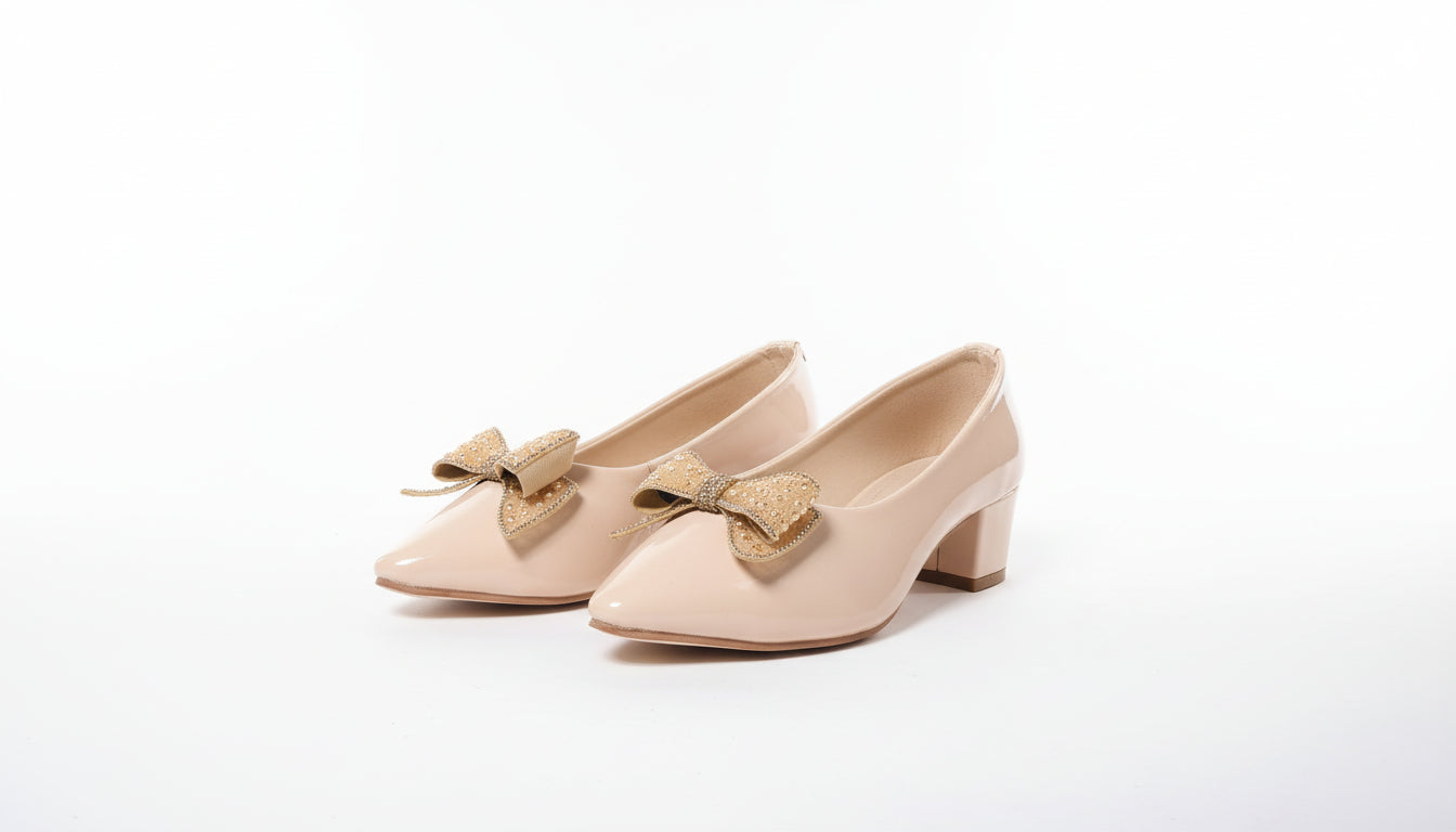 Fancy Low Heel Pump Shoes for Girls – Ribbon Design Black & Beige