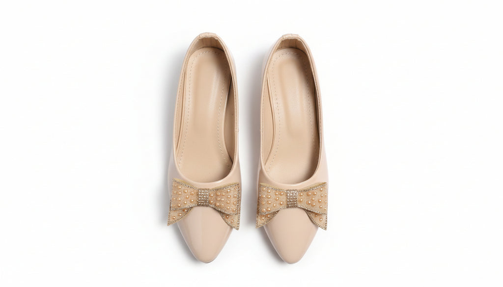 Fancy Low Heel Pump Shoes for Girls – Ribbon Design Black & Beige