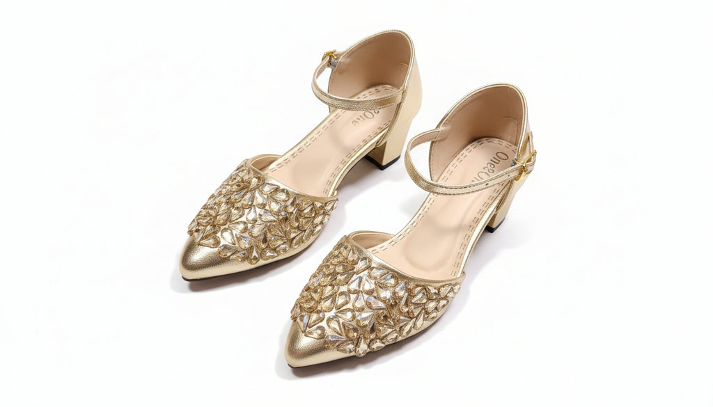 ✨ Choti Si Walk Crafted Stone Strap Heels for Girls – Silver & Golden 👡