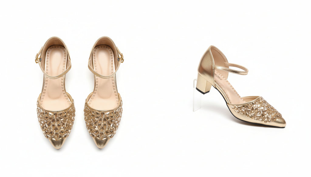 ✨ Choti Si Walk Crafted Stone Strap Heels for Girls – Silver & Golden 👡