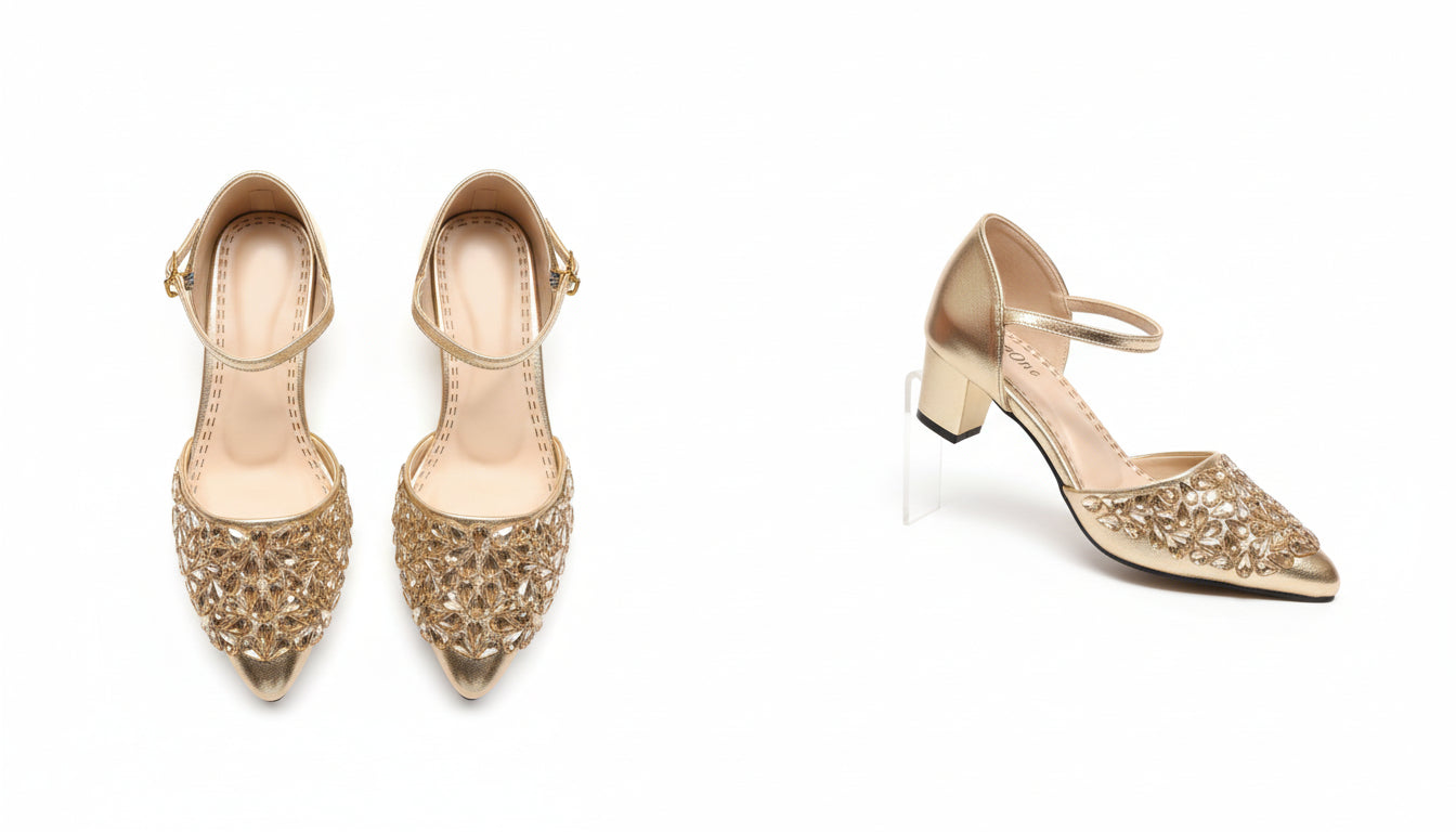 ✨ Choti Si Walk Crafted Stone Strap Heels for Girls – Silver & Golden 👡