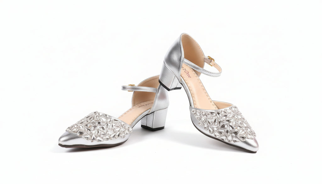 ✨ Choti Si Walk Crafted Stone Strap Heels for Girls – Silver & Golden 👡