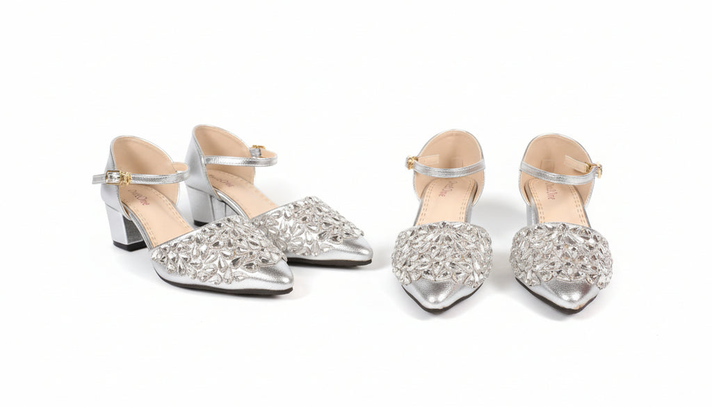 ✨ Choti Si Walk Crafted Stone Strap Heels for Girls – Silver & Golden 👡